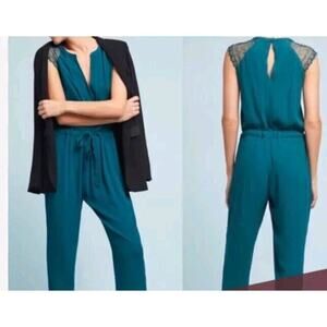 Greylin Turquoise Jumpsuit cap sleeve lace V-neck cinch waist size Large